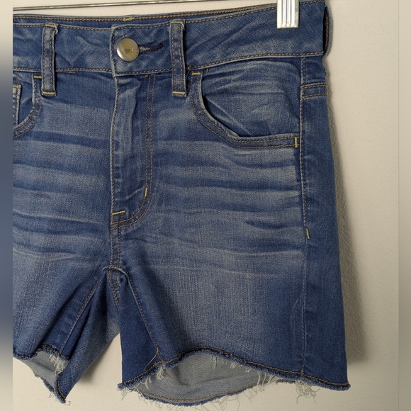 American Eagle Denim Shorts 0 Wash Blue Distressed Stretch Cuffed Women Hi Rise - Picture 4 of 12